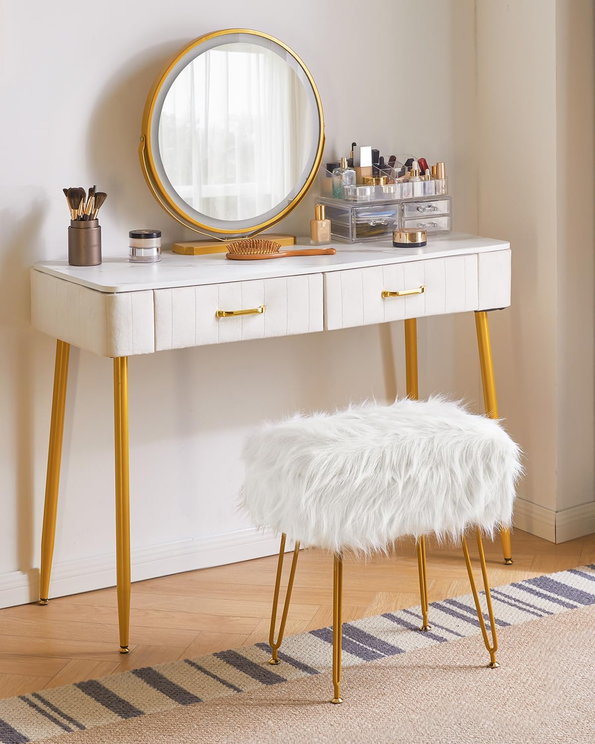 IBUYKE Rectangular Faux Fur Vanity Stool with Storage, White WBD022W