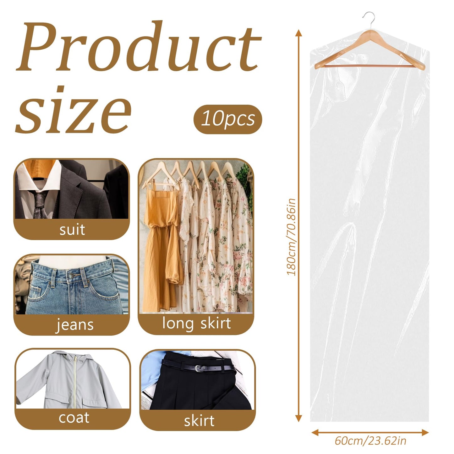10Pcs Dry Cleaner Bags Plastic Clear Dress Bag 60x180 cm Long Dry Cleaning Bag for Clothes, Plastic Garment Bags for Hanging Clothes, Long Dresses