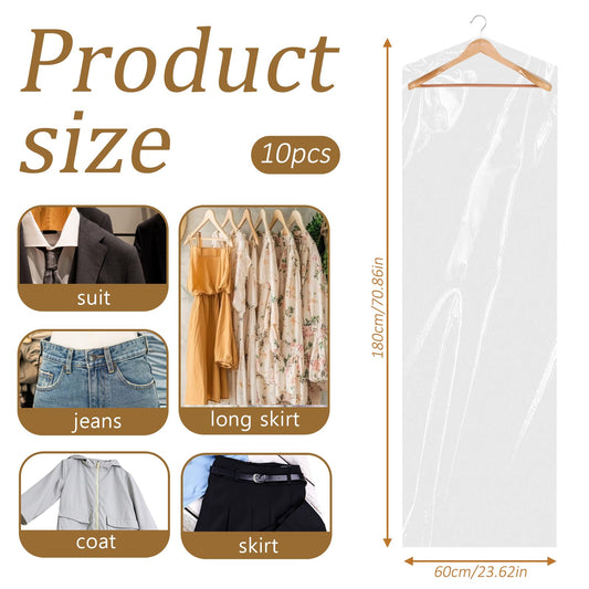 10Pcs Dry Cleaner Bags Plastic Clear Dress Bag 60x180 cm Long Dry Cleaning Bag for Clothes, Plastic Garment Bags for Hanging Clothes, Long Dresses