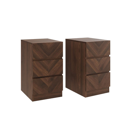 GFW Catania Pair of 3 Drawer Bedside Tables, Royal Walnut Bedside Cabinets with Herringbone Wood Grain Design, Modern Handle-Free Nightstands