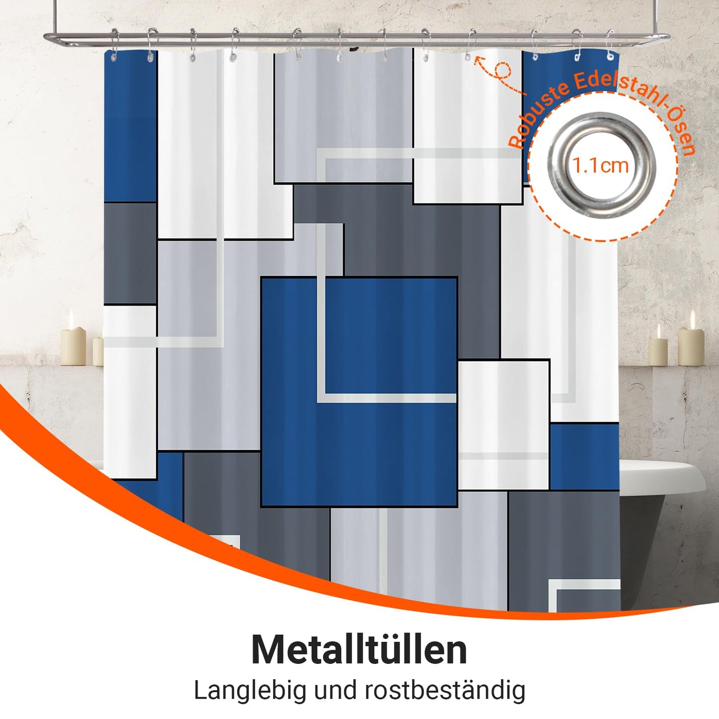 Shower Curtain with Metal Shower Curtain Rings, 180 x 200 cm, Squares, Navy Blue, Weighted Hem, Anti-Mould Textile, Water-Repellent