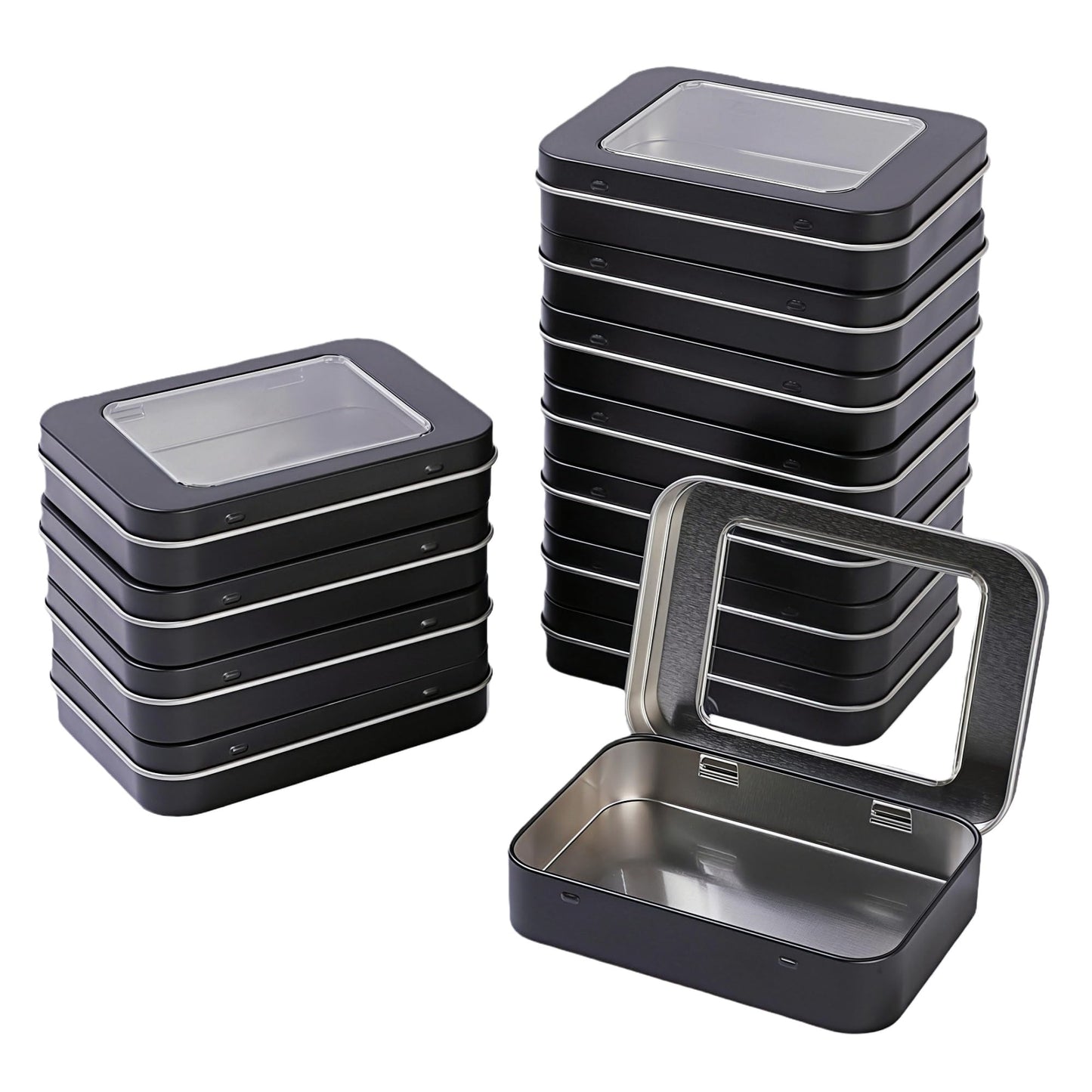 LJY Black Window Hinged Metal Tins, 12 Pack, 3.9 x 2.8 x 0.8 in