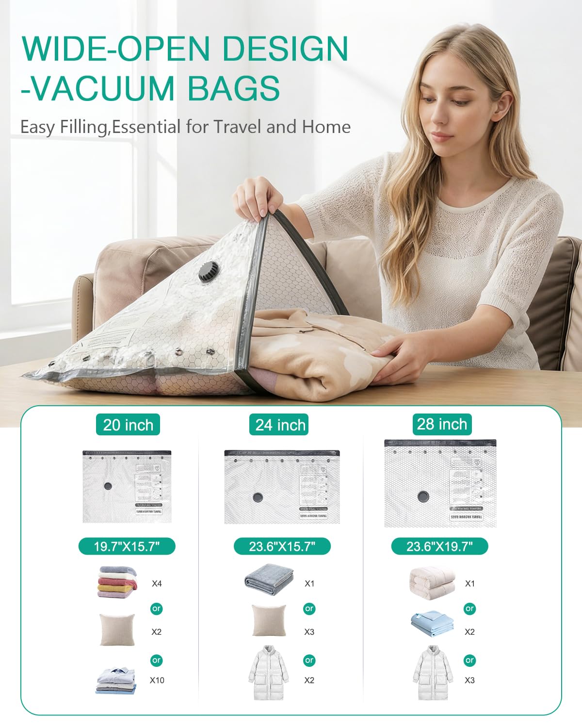 ORIA Vacuum Storage Bags, 6-Pack (2 Large, 2 Medium, 2 Small), Reusable Space Saver Vacuum Bags for Travel Clothes, Comforters, Bedding