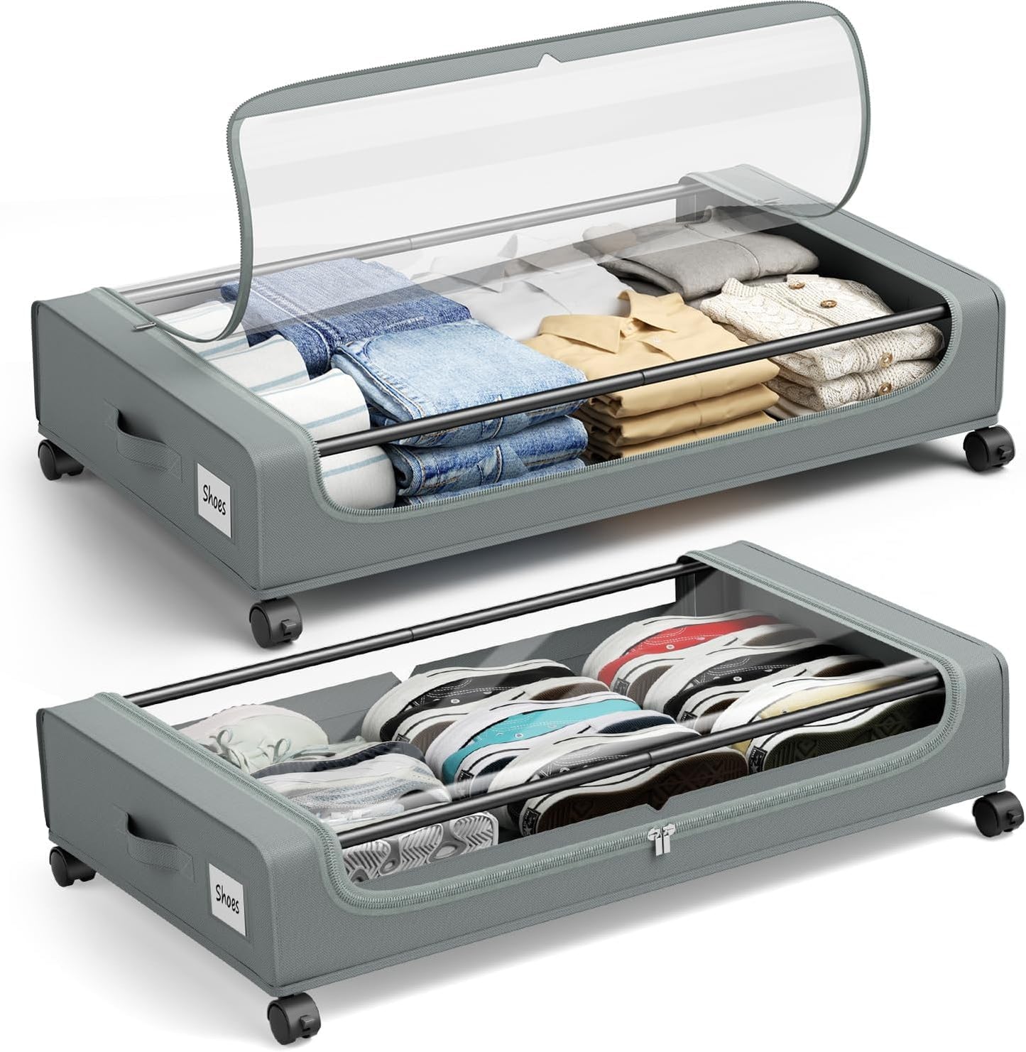 PHINOX Large Fabric Under Bed Storage on Wheels & Dust Cover, Grey, 2 PCS
