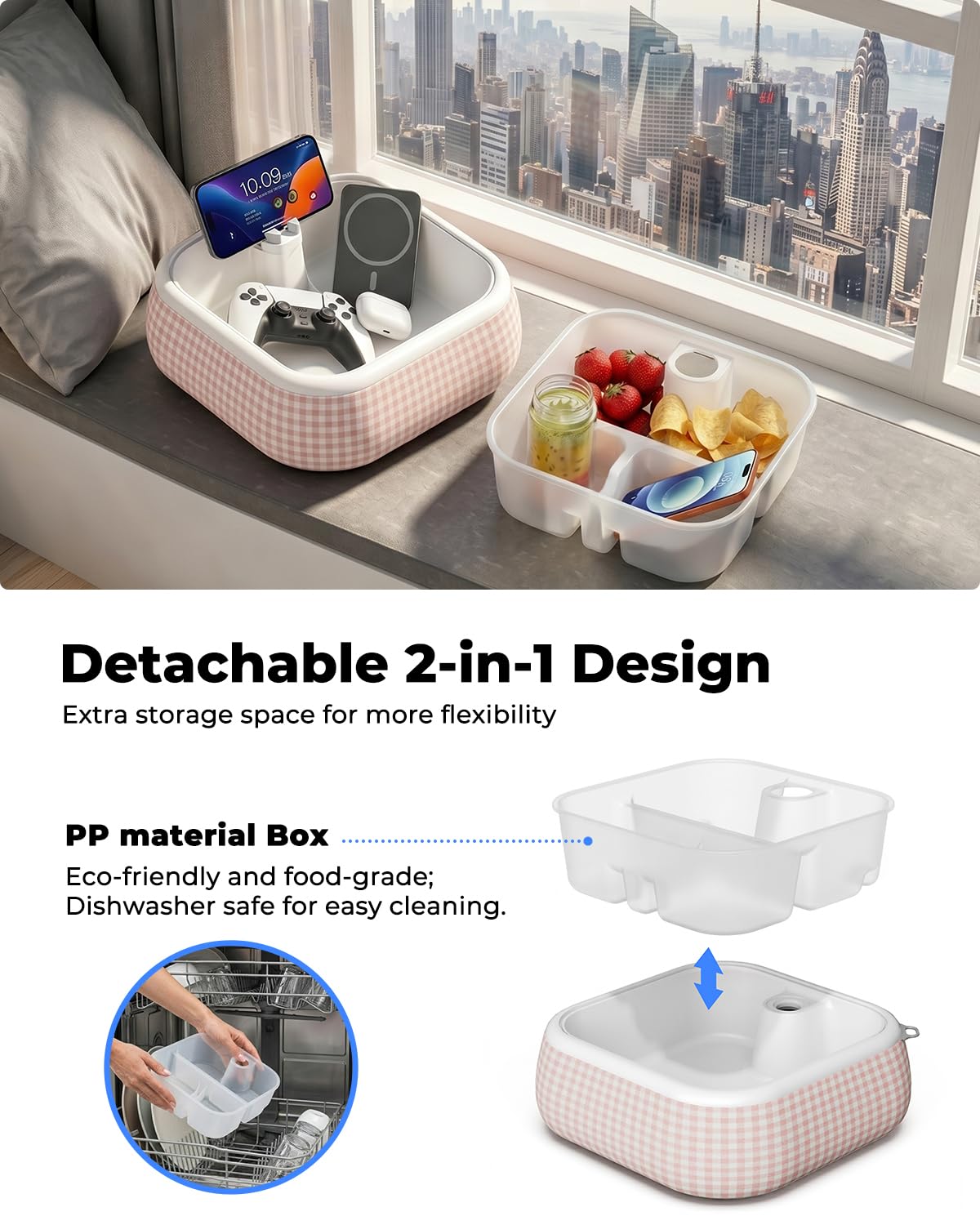Viozon Couch Cup Holder Tray with Phone Stand, For 4-4.7" Device, Floating Bathtub&Pool Caddy, EPP Foam Sofa Arm Tray