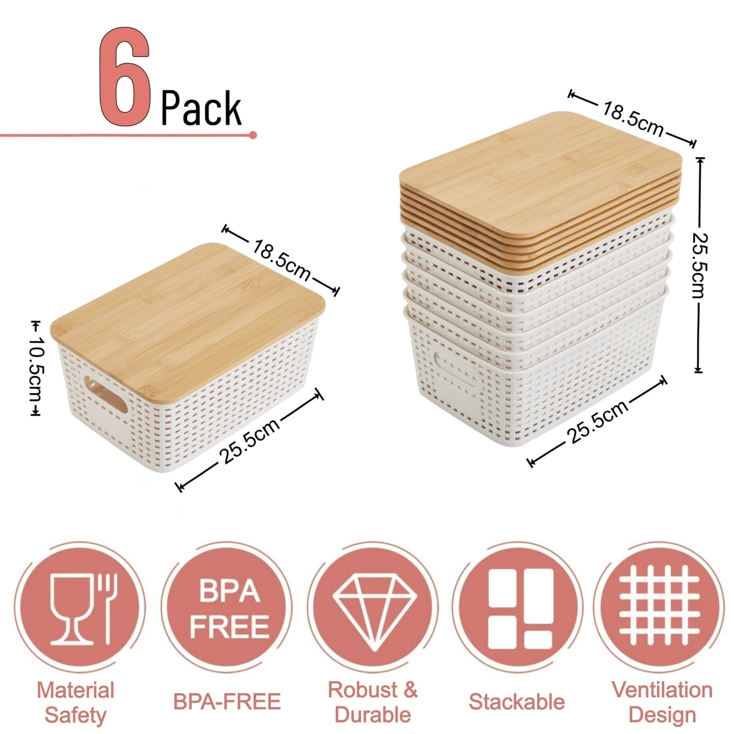 VIIHTYISA Plastic Storage Box with Bamboo Lid, Stackable Storage Baskets, Organizing Box for Shelves, Drawers, Desks, Cabinets, Playrooms and Offices