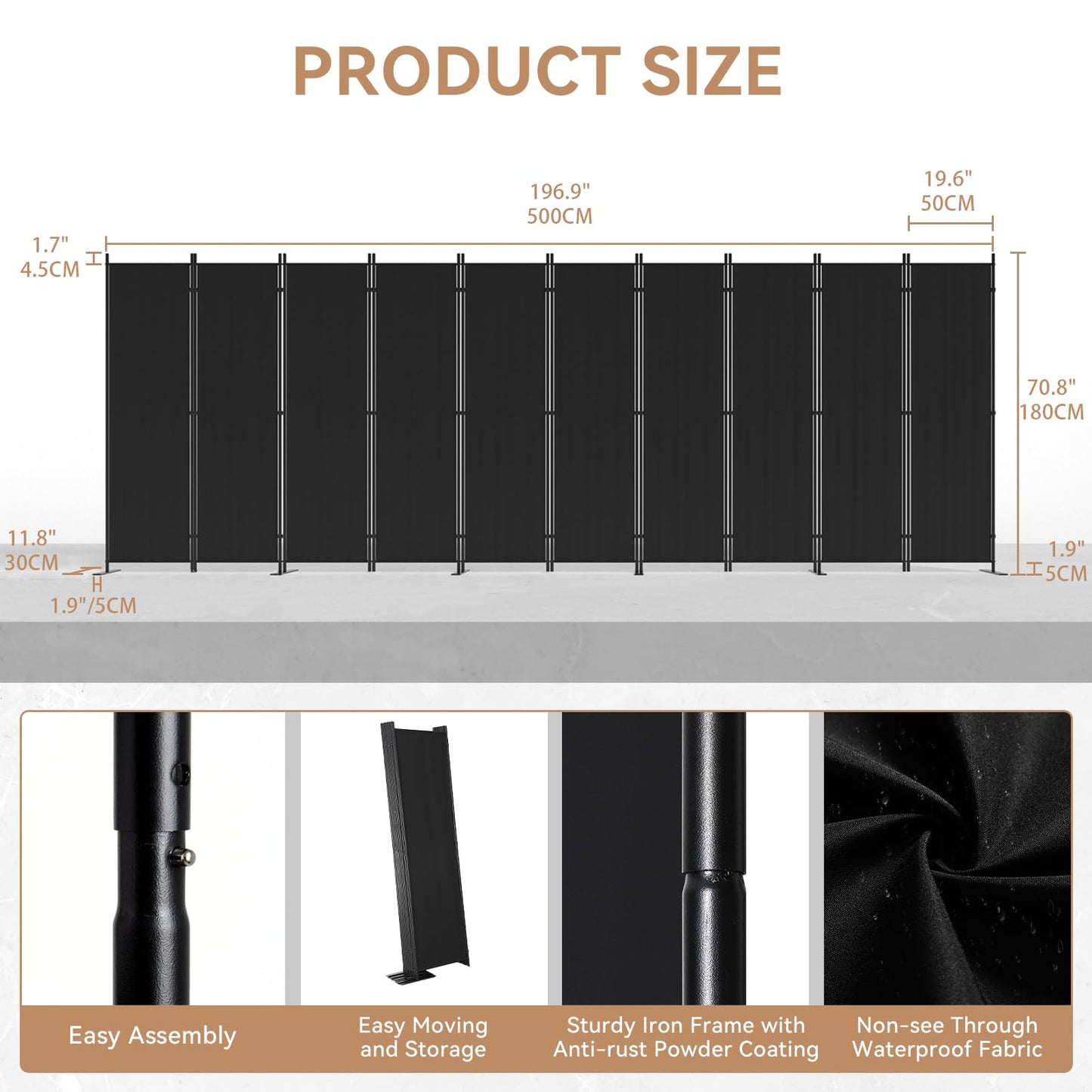 C-Hopetree 10 Panels 6 Ft Room Divider and Folding Privacy Screen, Indoor Fabric Portable Partition and Separation Wall for Home