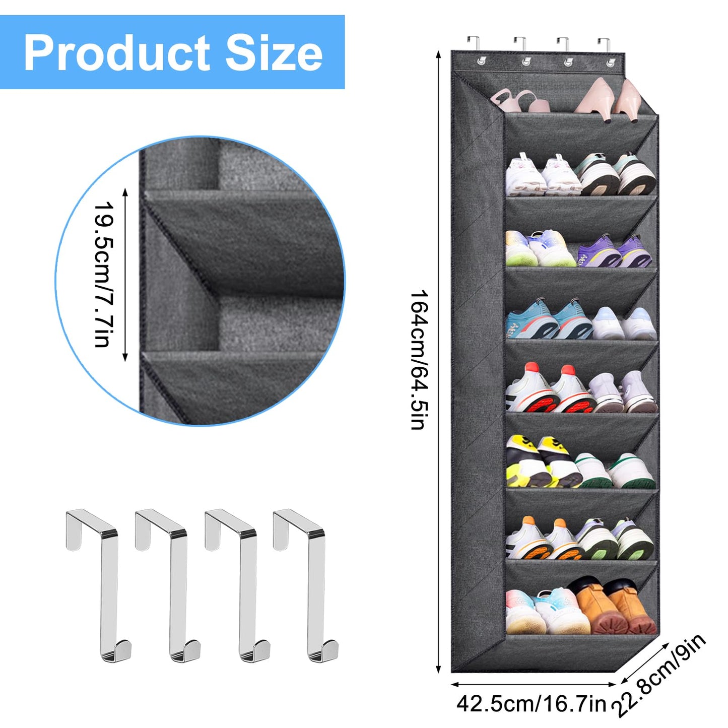 QUMENEY 8 Shelves Over Door Shoe Organizer Hanging Shoe Rack for Door Closet with Deep Pockets Back of Door Storage fits 24 Pairs Shoe Holder（Gray）