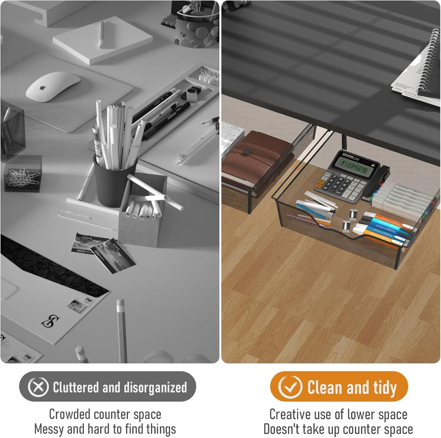 CADUKE Under Desk Drawer 2Pcs, Metal Hidden Desk Organiser, Undermount Storage Drawer, Space-Saving Hidden Organizer