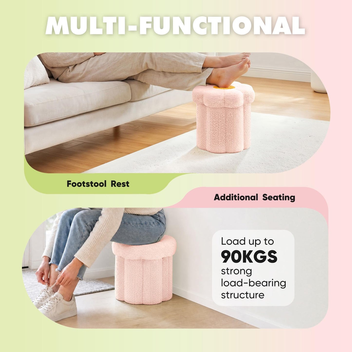 Bonlife Flower Shape Ottoman with Lid, Folding Footrest, Small Storage Box
