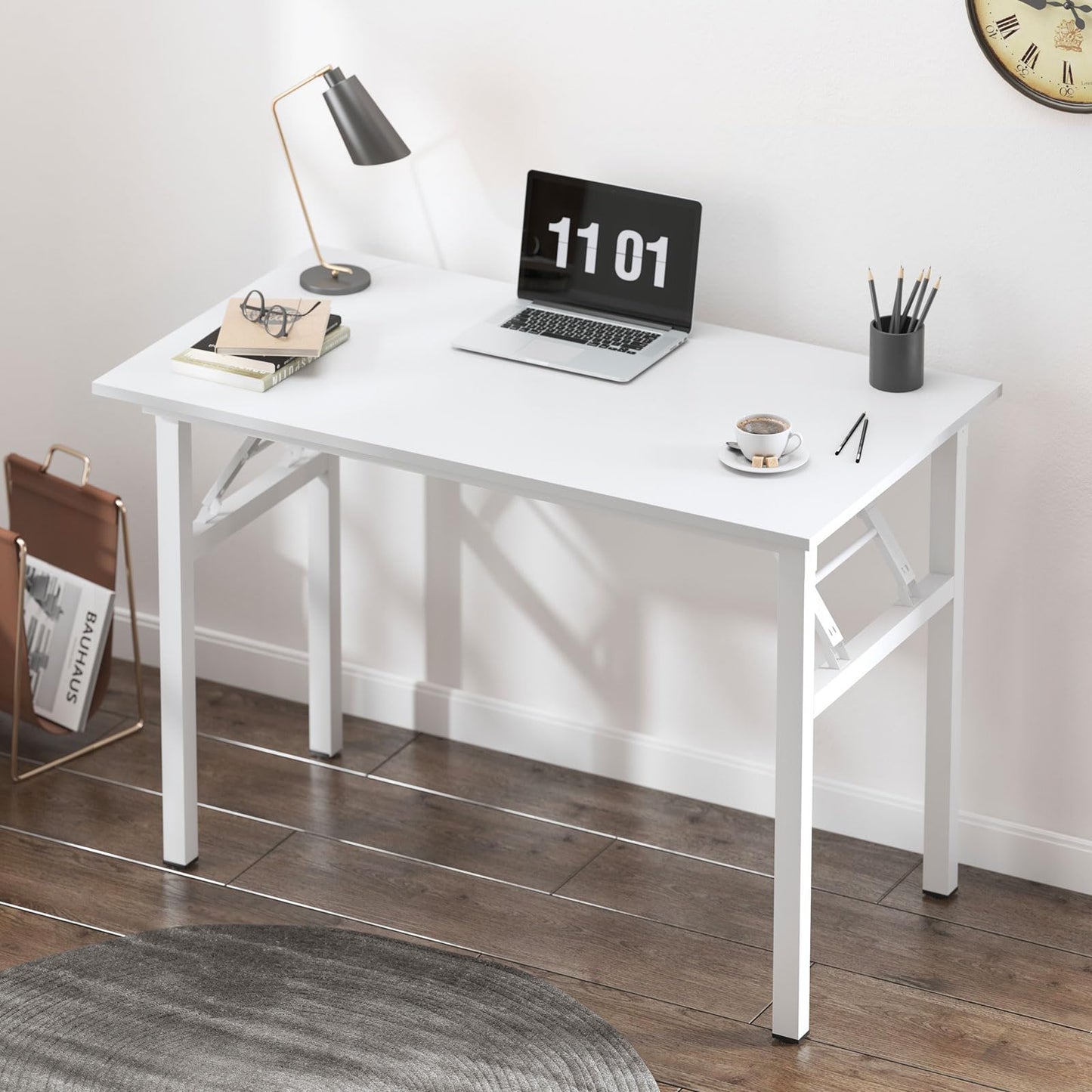 sogesfurniture Folding Table Office Study Writing Desk Workstation Dining Table, No Install Needed, 80x40x75cm, White BHEU-LP-AC5WW-8040