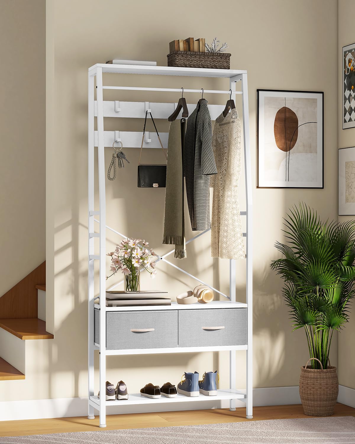 YITAHOME Coat Rack Stand with Shoe Storage, Floorstanding Hall Tree with Bench & 2 Foldable Drawers