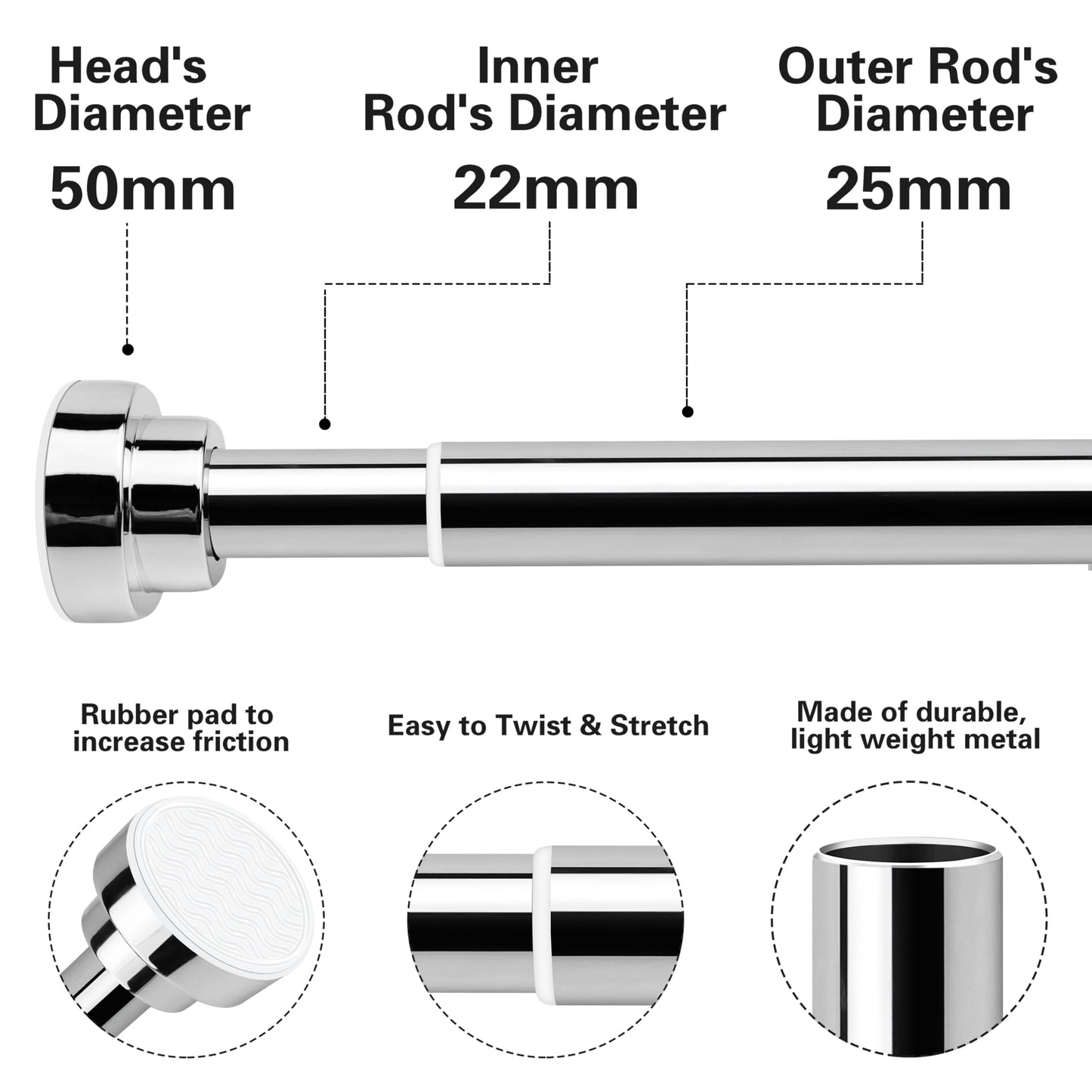 Stainless Steel Extendable Shower Curtain Rod Tension Pole (72cm-130cm),including 2 Holders,Net Voile Curtains Rail,Adjustable Telescopic Rods