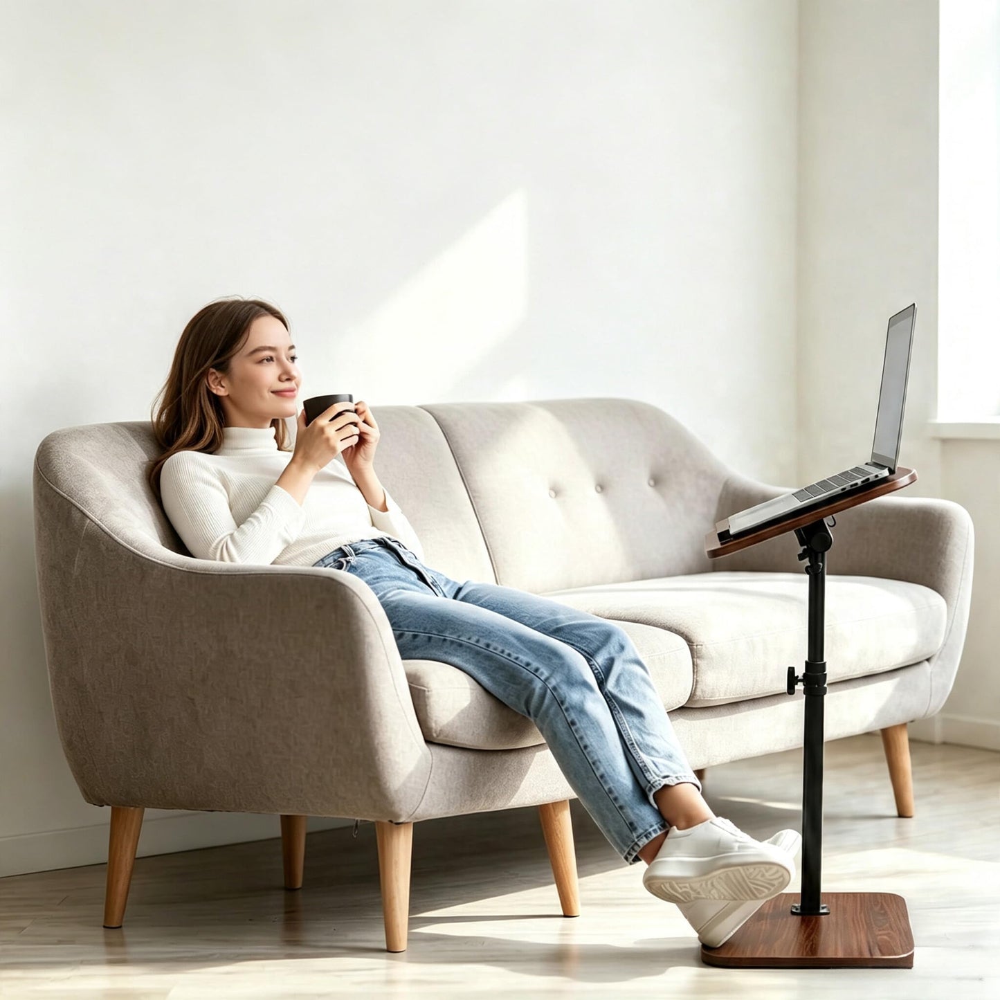 Mayxien C Shaped Side Table, Height Adjustable Bedside Table, 360° Rotating Sofa Table Laptop Tables with Anti-Slip Bar, Space-Saving TV Tray Table