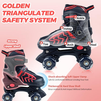 Kids Roller Skates for Boys Girls Children Beginners, 4 Sizes Adjustable Roller Skates for Child Toddler Ages 4-6-12 with 8 Light up Wheels