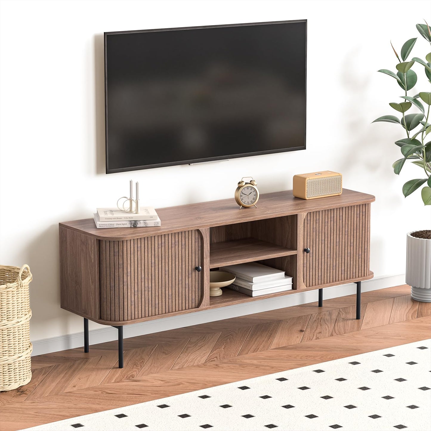 Yvsevnr Long TV Units for Living Room 150cm TV Stand Cabinet with 2 Sliding Doors, TV Console for 65 Inch TV