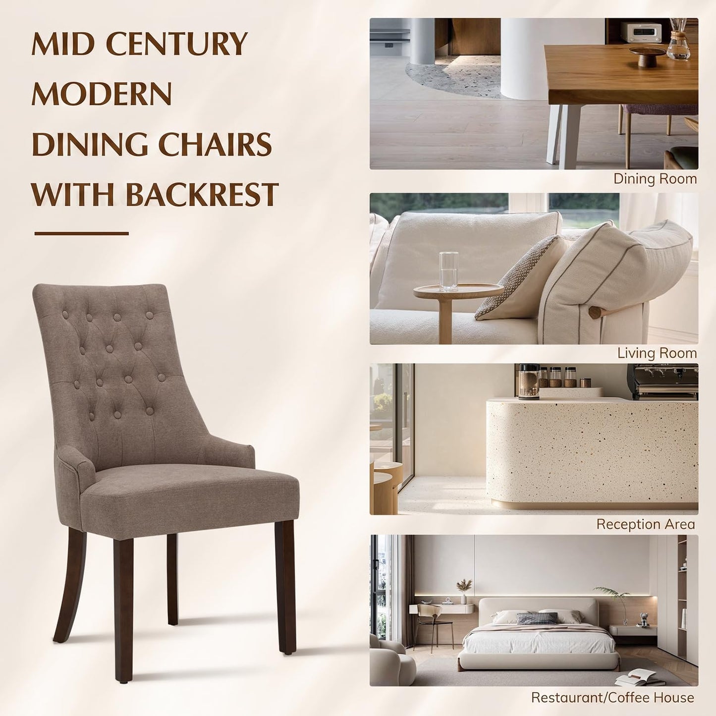 MALOL Upholstered Dining Chairs Set of 2, Wingback Dining Room Chairs with Tufted Button, High Back Kitchen Chairs with Solid Wood Legs