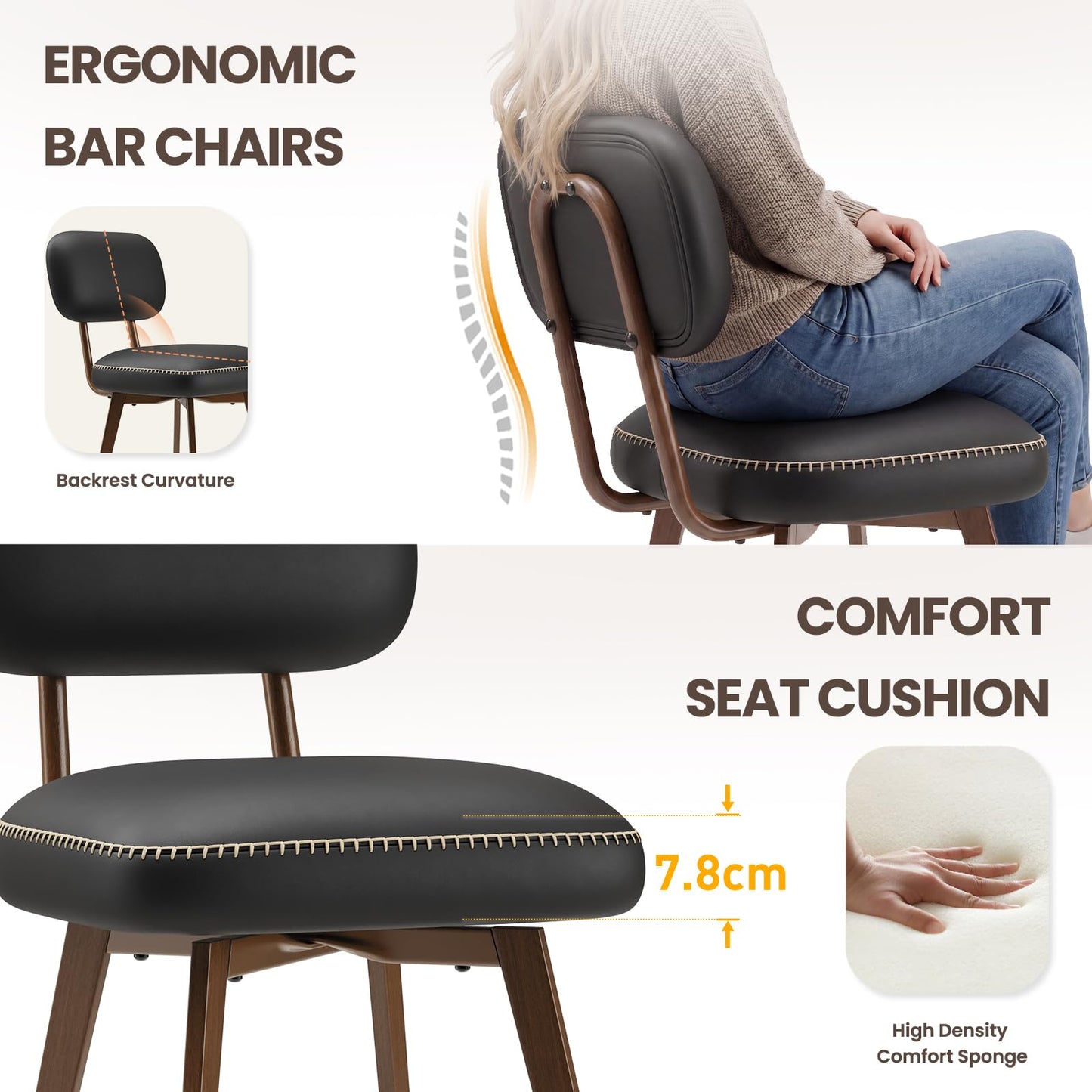 MALOL PU Leather Breakfast Bar Stools Set of 2, Swivel Kitchen Bar Chairs with Backrest and Metal Legs