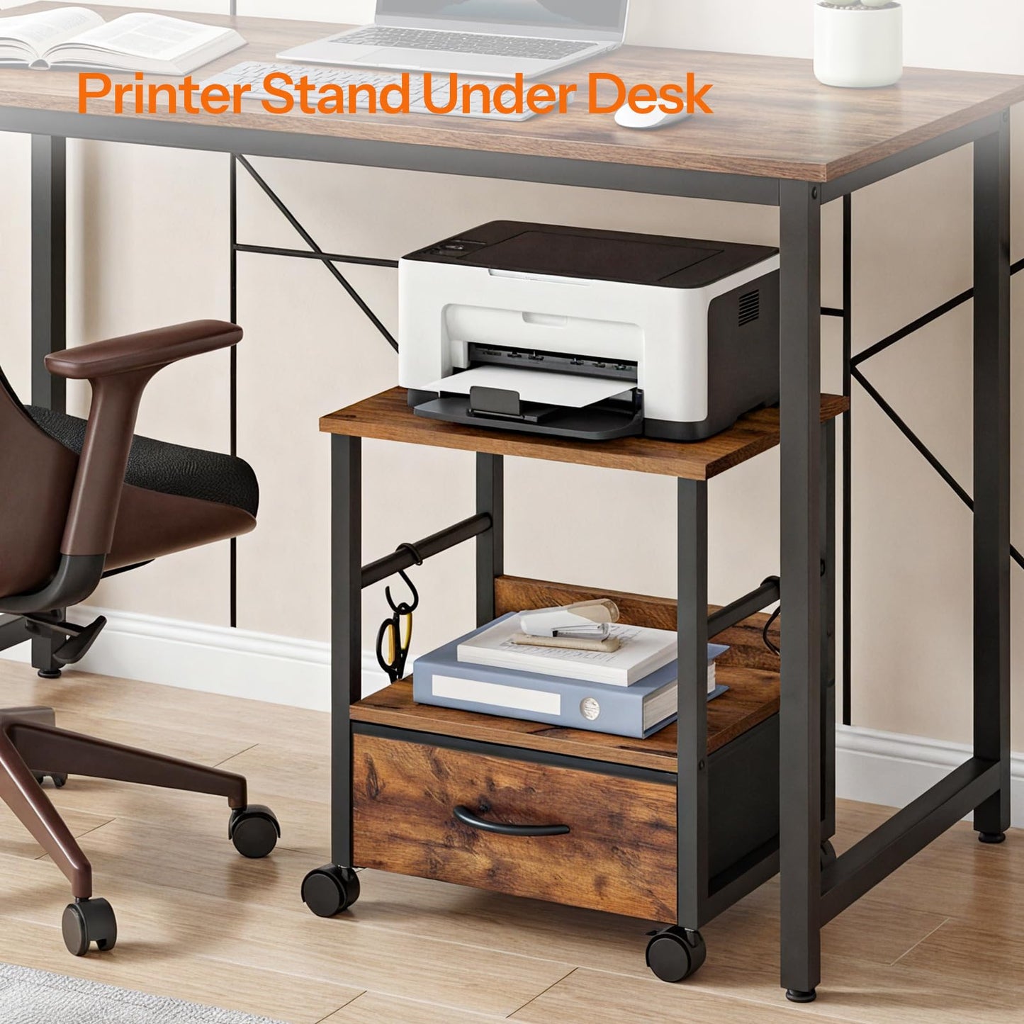 HOOBRO 2-Tier Printer Stand with Drawer, Under Desk Printer Table, Printer Cart with Storage, with Casters/Adjustable Feet, for Home Office, Study