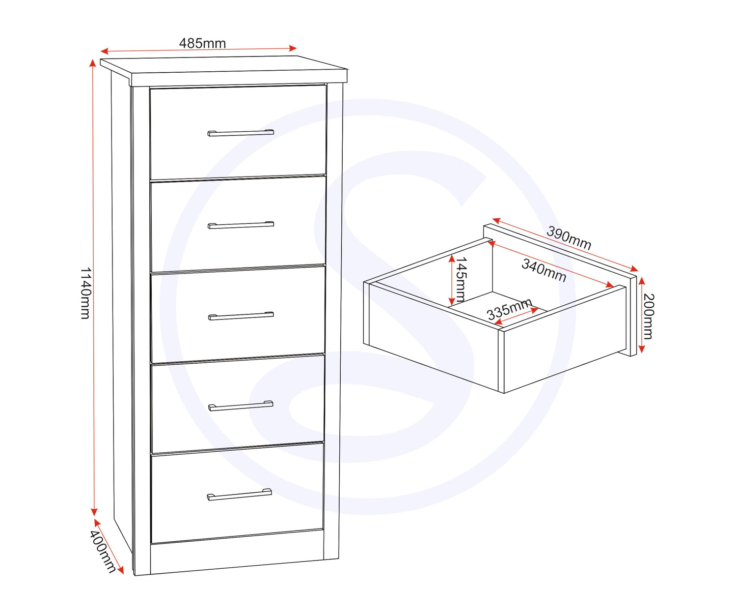Seconique Lisbon 5 Drawer Narrow Chest in Black Wood Grain