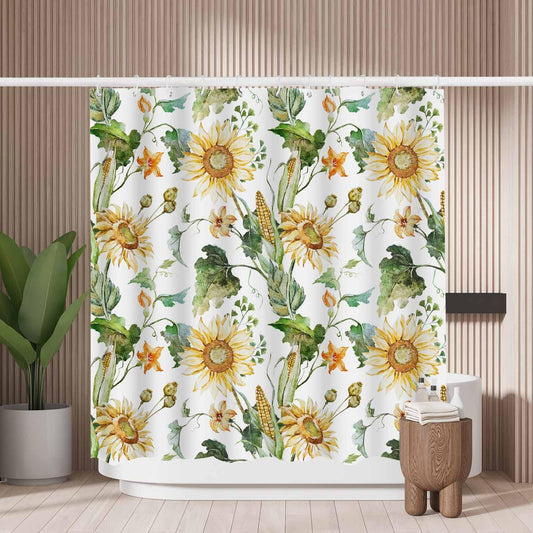 Woutay Shower Curtain Mould Proof Resistant Watercolor Sunflowers Corn Pumpkin Leaves,Water Repellant Fabric,Polyester,with 12 Plastic Hooks