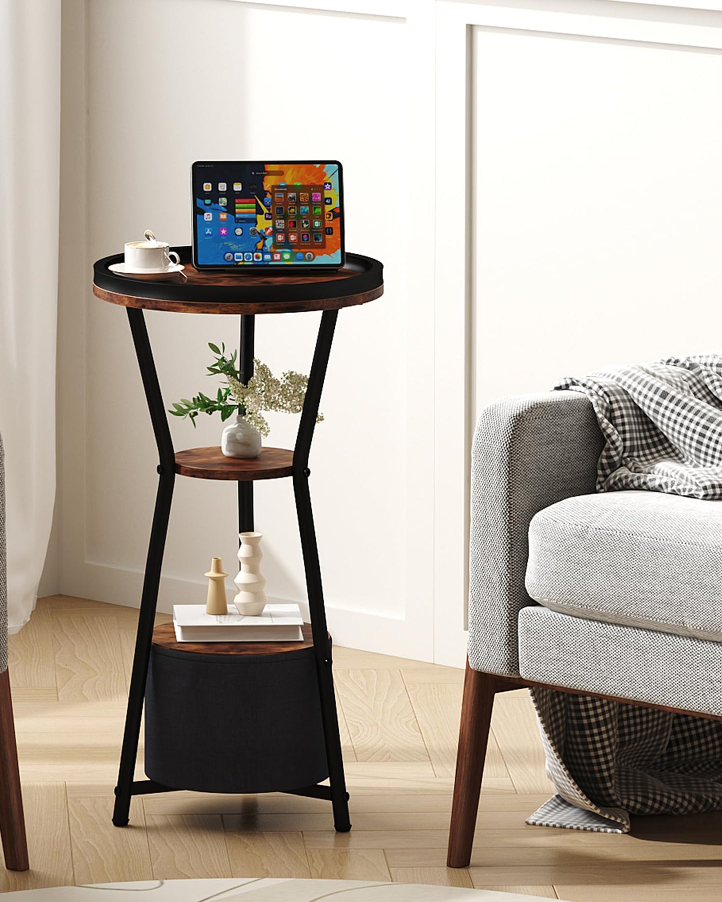 Yusong Round Side Table, Small Drink Table for Small Spaces, 3-Tier Industrial Corner Table, Bedside Table Highlight for Living Room, Bedroom, Sofa