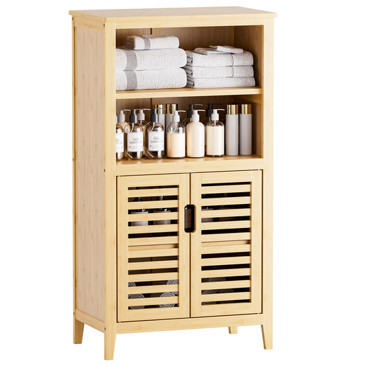 HITNET Bathroom Floor Cabinet, Freestanding Side Storage Organizer Unit with Double Shutter Doors and Movable Shelves, Bamboo Kitchen Cupboard,