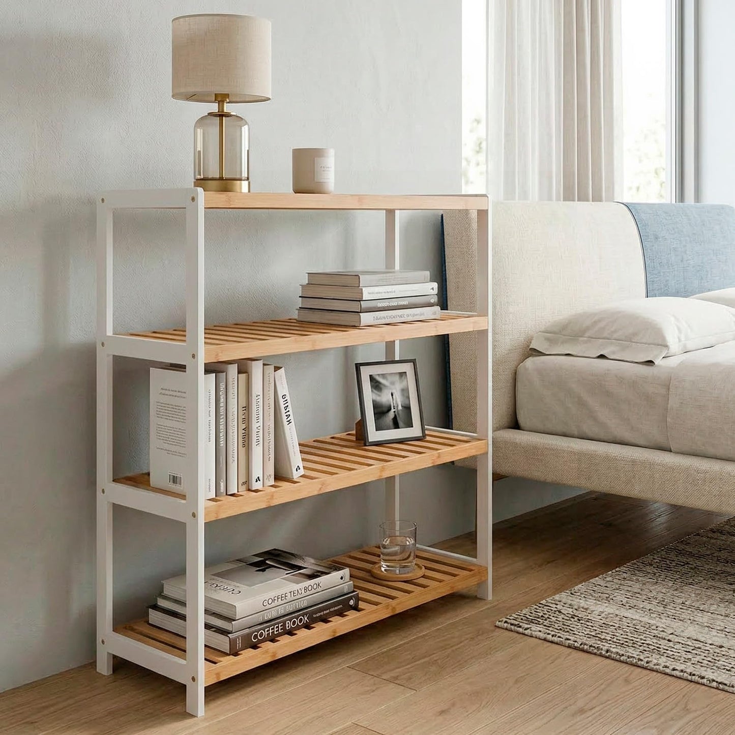 woodluv 4-Tier Shoe Rack, Shoe Storage Organiser, Wooden Storage Rack, Shoe Shelf for Hallway, Living Room, Plants Books, Bedroom,Bathroom