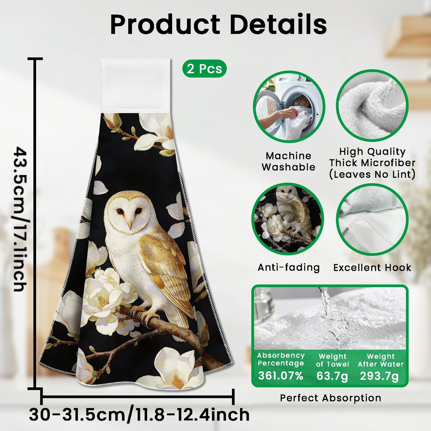 CUTHOLLOW 2 Pcs Owl and White Magnolia Hanging Kitchen Towels with Loop