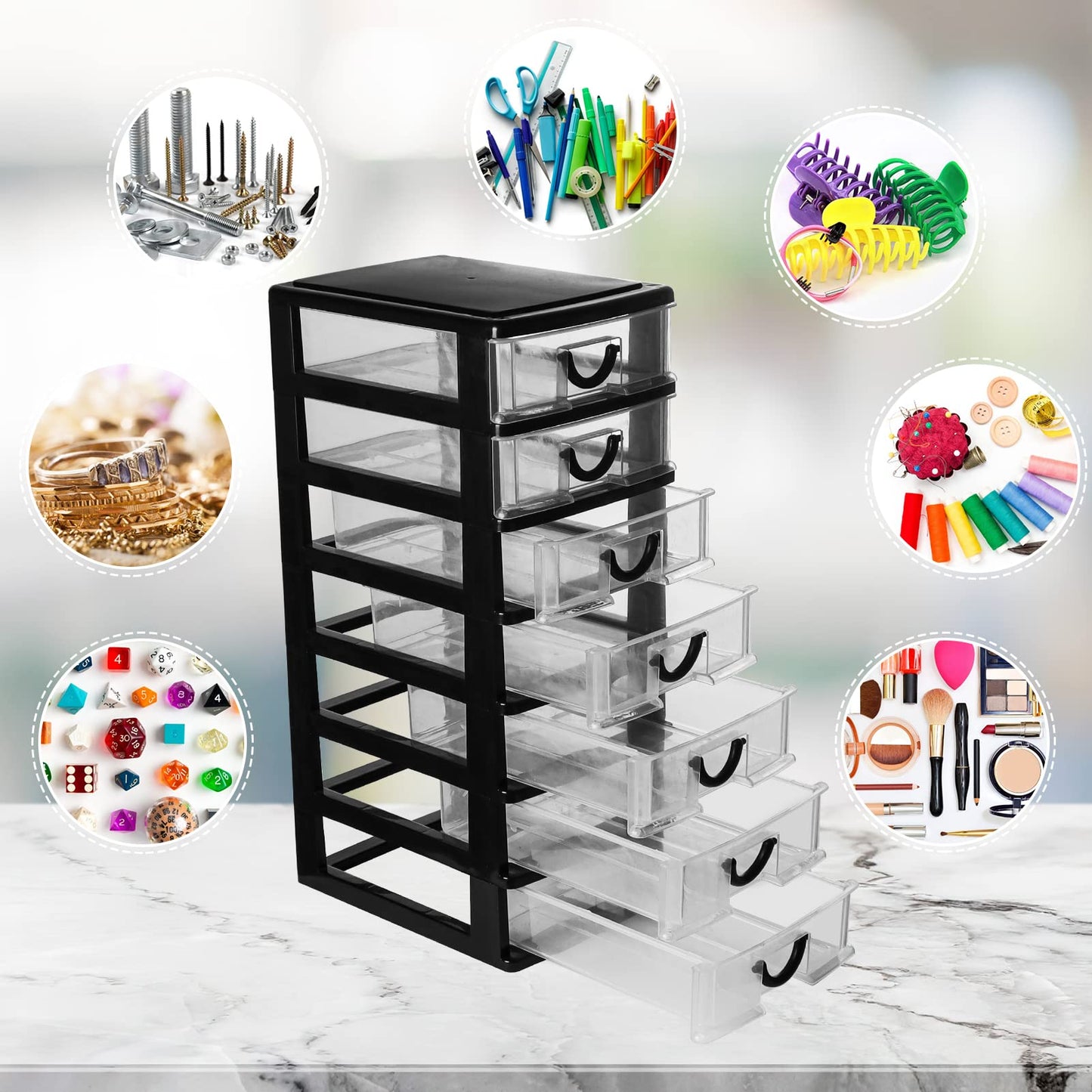 Rempry 7.1"x5.1"x13.2" Mini Organizer Box Storage Container Case with 7 Clear Desktop Drawer Units,Black