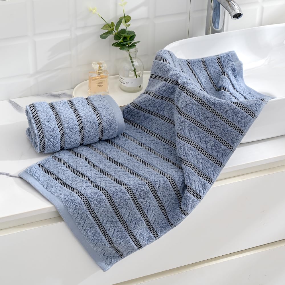 sense gnosis Blue Hand Towels Super Soft Jacquard Ribbed Striped Pattern 100% Cotton Absorbent Decorative Hand Towel for Bathroom 13 x 29 Inch, 2 Pack
