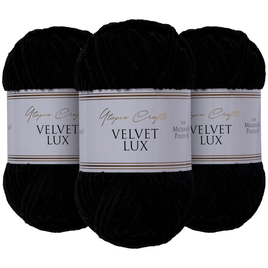 Utopia Crafts Velvet Lux Chenille Super Soft Chunky Yarn for Knitting and Crochet Yarn 3X 100g (Black)