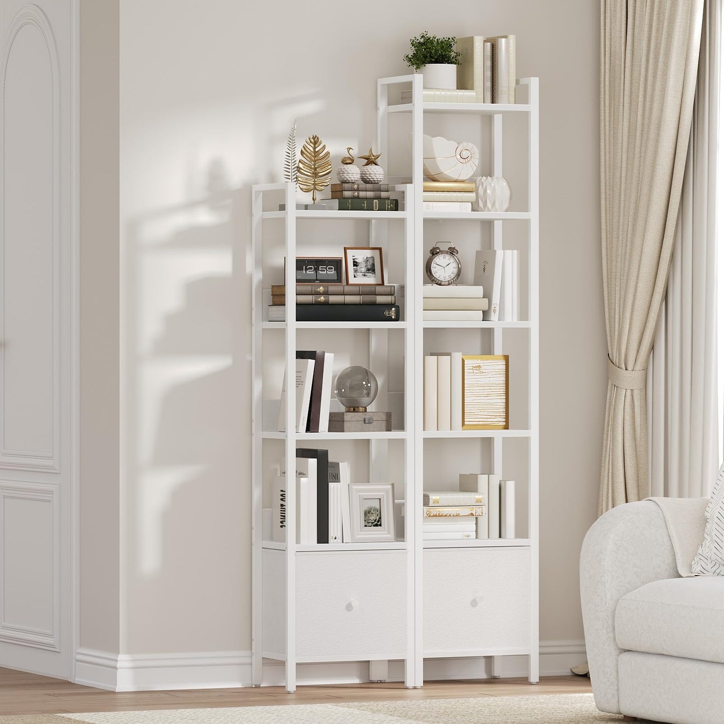 MAHANCRIS Bookshelf, 6-Tier Bookcase with Removable Drawer, Freestanding Book Shelf for Small Space, Storage Shelf Organizer, for Living Room