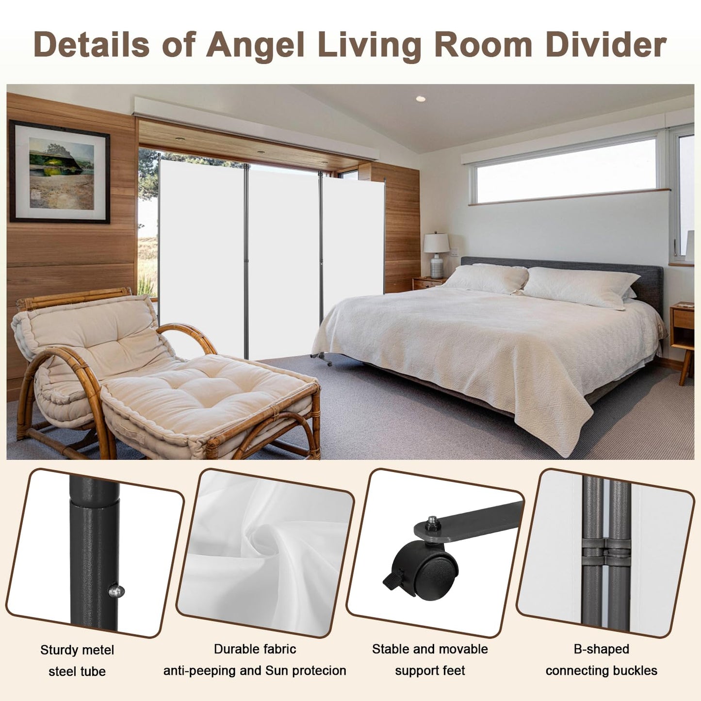 Angel Living 3 Panels Folding Room Divider, Privacy Screen Composed of Polyester Fabric and Sturdy Iron Frame