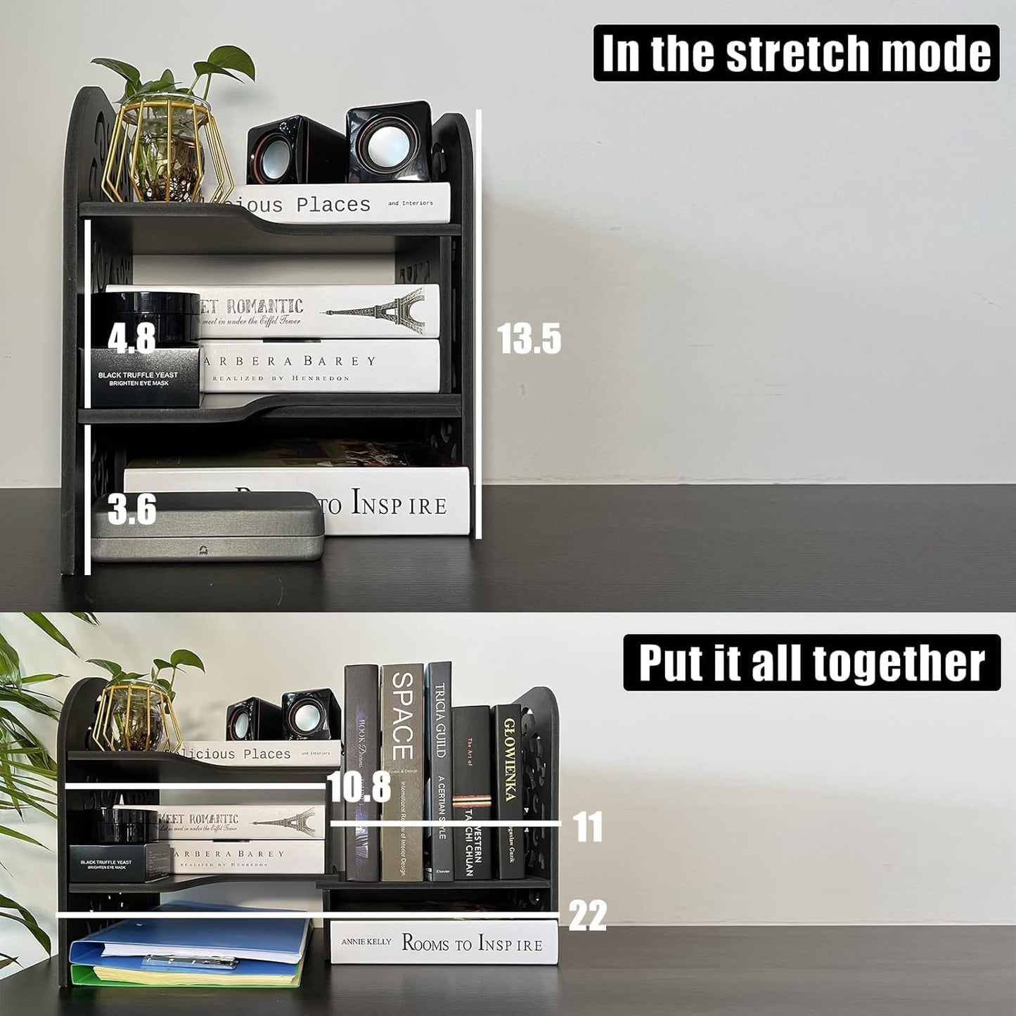 DoToGo Desk Shelf Organizer, Deskop Bookshelf for Small Space Adjustable Expendable for Office, Home, Kitchen (black-wanqu-lk)