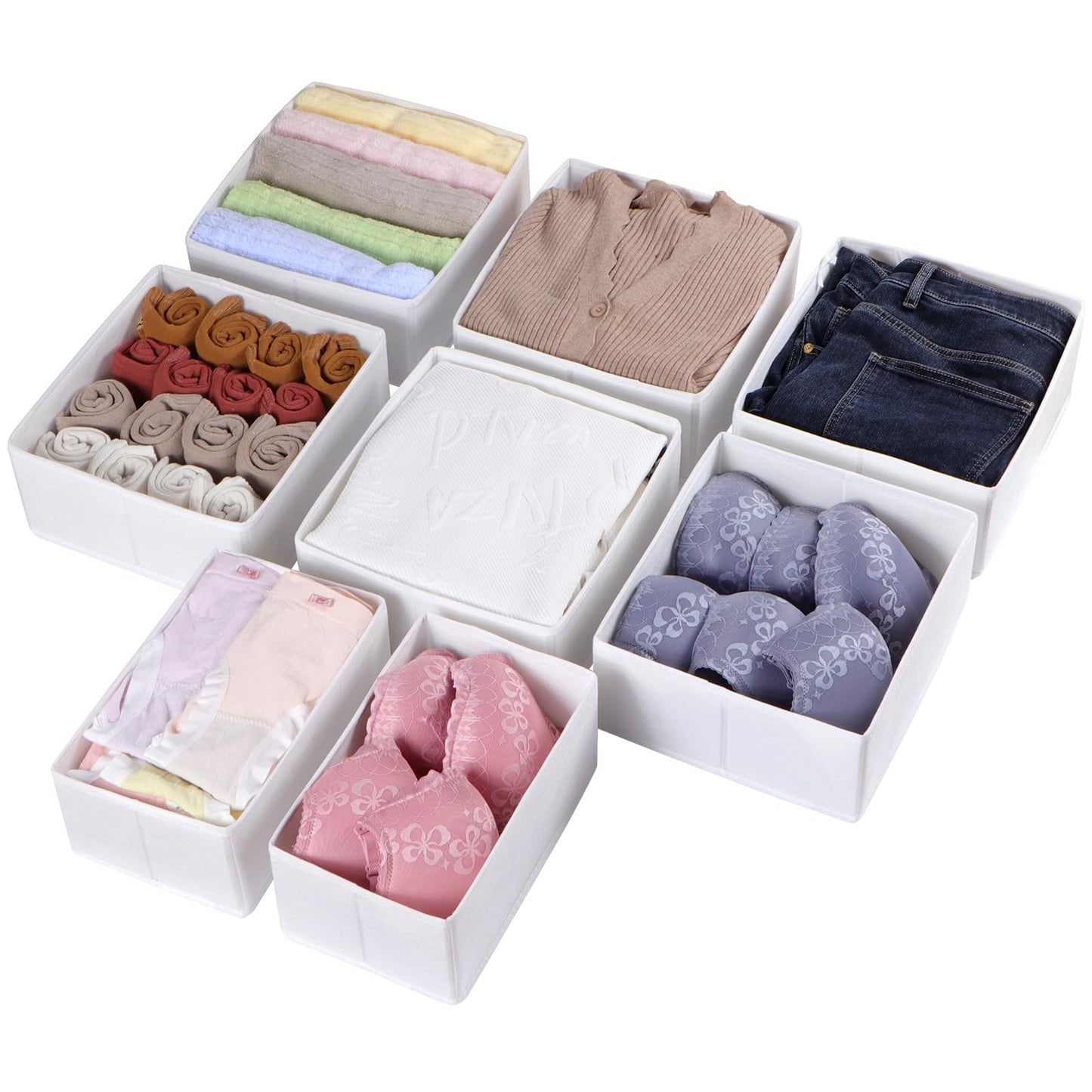 ORLISA Drawer Organiser Clothes for Wardrobe 100 x 58 cm - Perfect Fit with Sturdy Base, Foldable, Washable & Robust, Set of 8, White