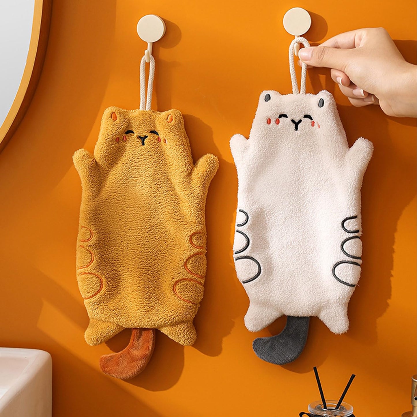 Gansdnek 2 Pcs Cute Cat Towels, Funny Animal Hand Towel, Soft & Absorbent, Absorbent Hanging Towel, Quick-Drying Towel for Kitchen and Bathroom