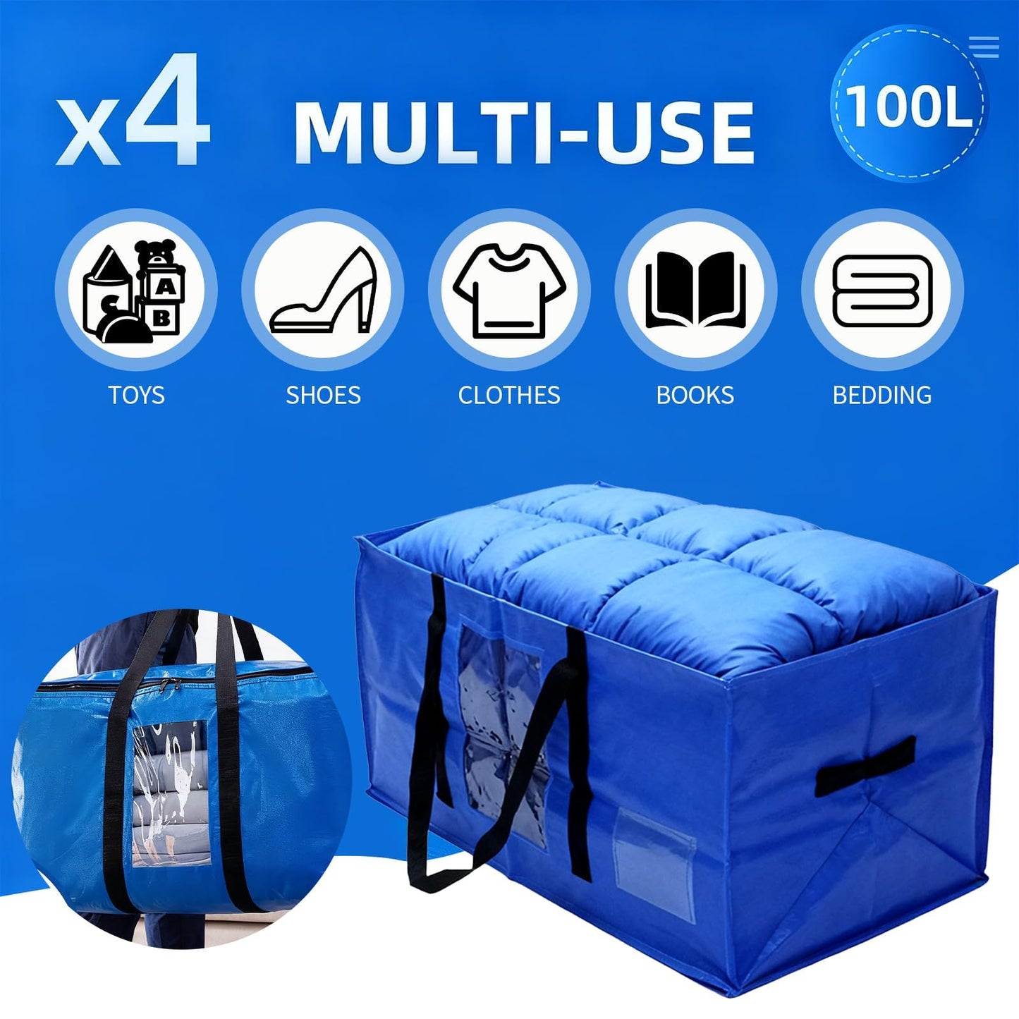 JUUDDENPARTS 4 Pack Extra-large Capacity Storage Bag, Moving Bags, Featuring a Transparent Window Design, Ideal for Clothing, Bedding, Travel