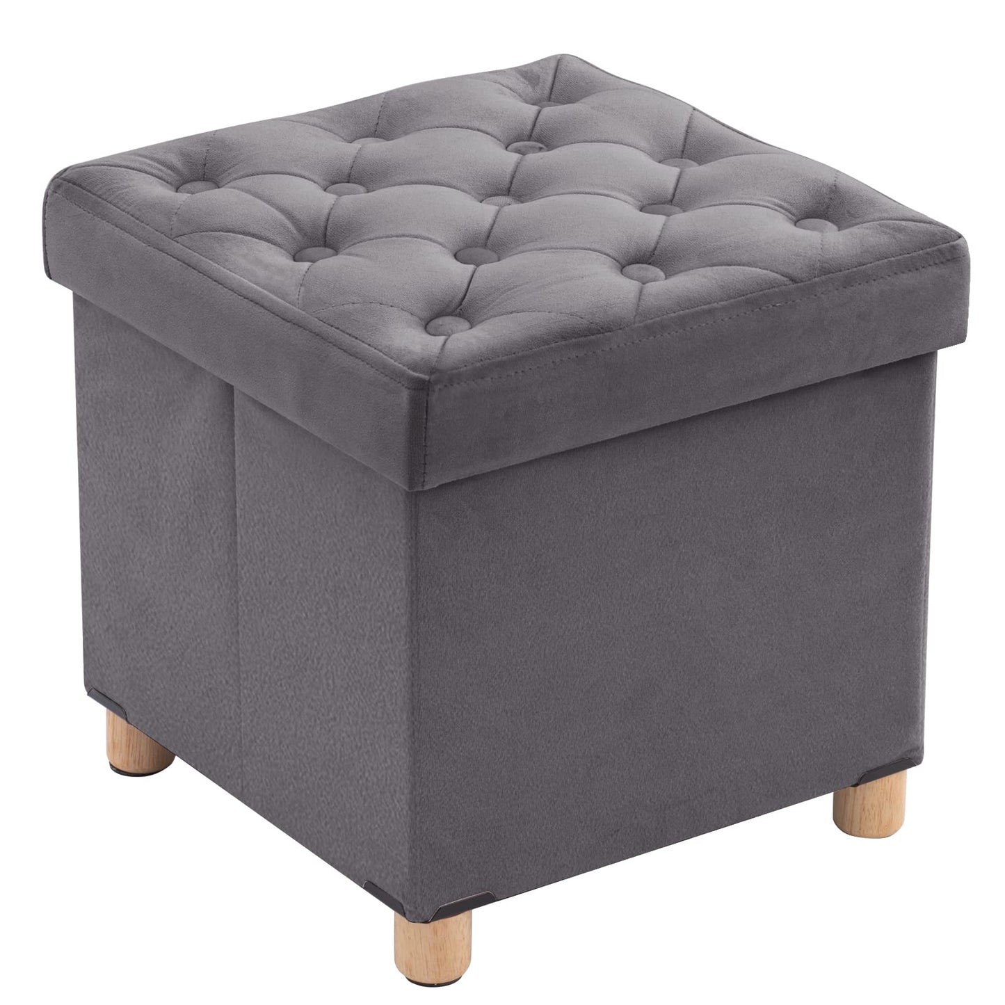 BRIAN & DANY Folding Storage Ottoman with Wood Legs, Velvet Footstools Cube for Living Room and Bedroom, 40x 40x 40 cm, Gray
