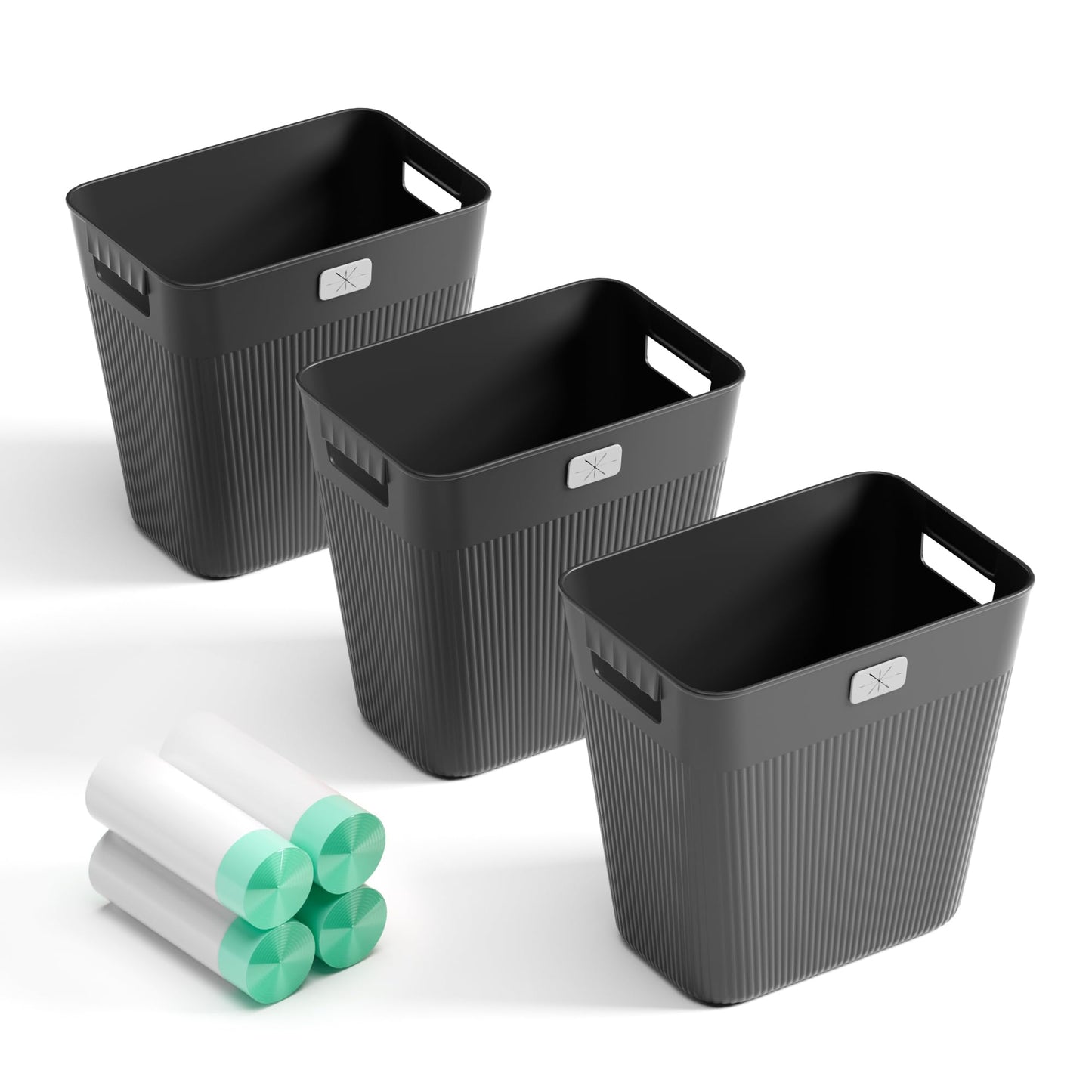 JOYMOOP Slim Trash Can 3-Pack, 2.9 Gallon Plastic Wastebasket for Bathroom, Bedroom, Office, Kitchen with 4 Rolls Bags, Black