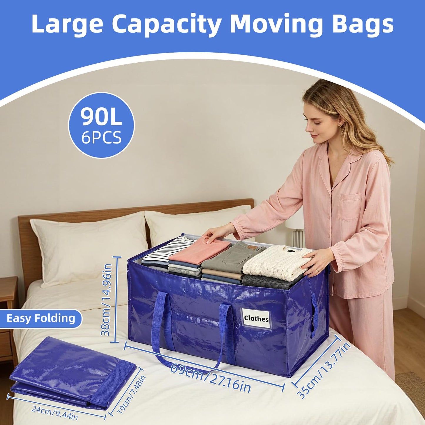 inreeme 90L Large Heavy-Duty Moving Bags and Storage Bags with Zips 6 Pack