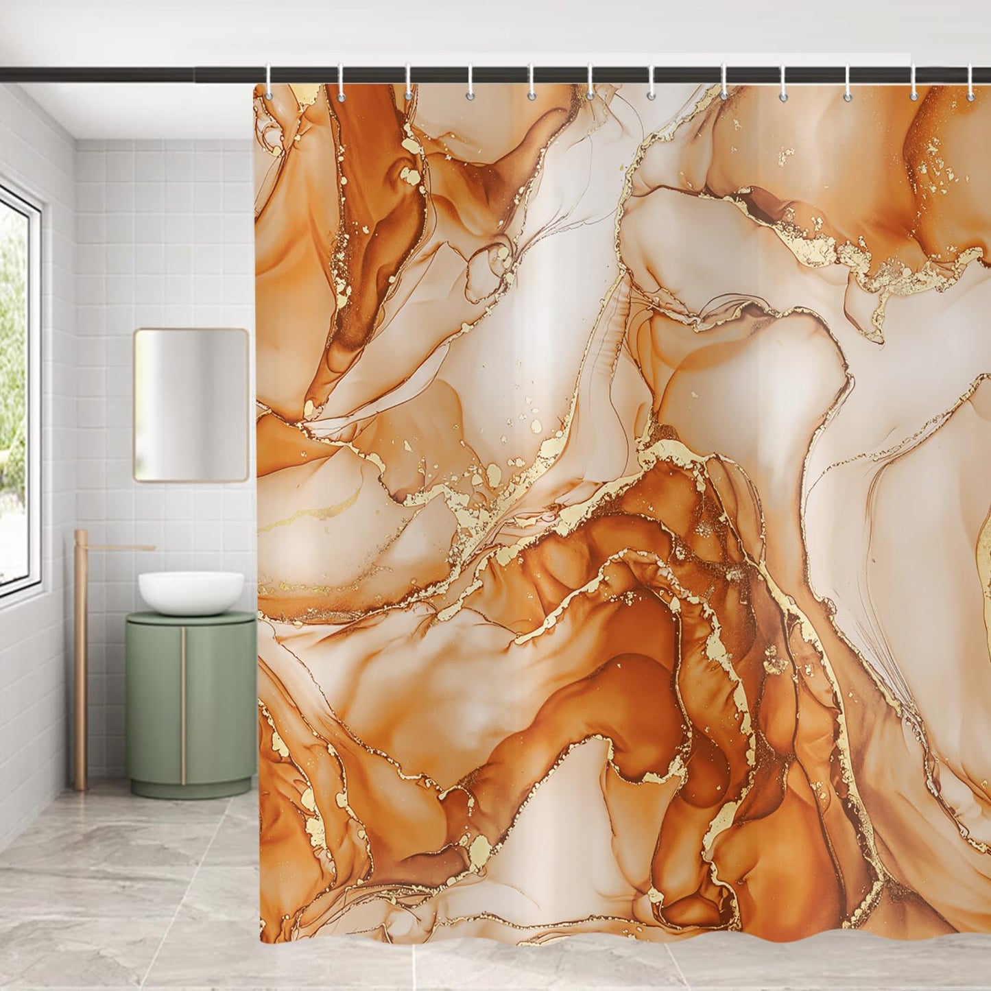 ASDCXZ Orange Marble Shower Curtain 180x200 cm, Modern Abstract Art Orange Gold Marble Optics Texture Waterproof Bath Curtain Polyester Textile
