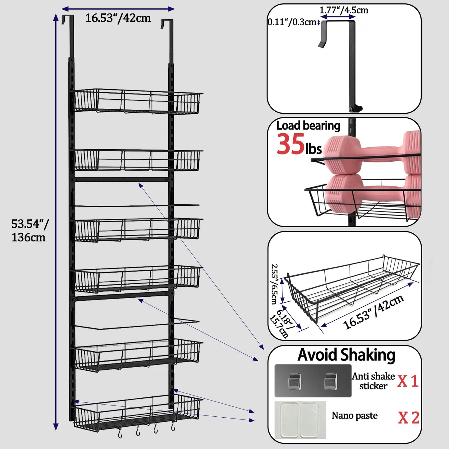 SHHZHIFAN 2 Pack 6-Tier Over Door Pantry Storage, Kitchen Hanging Storage with Adjustable Baskets, Back of Door Organization, Spice Rack for Kitchen