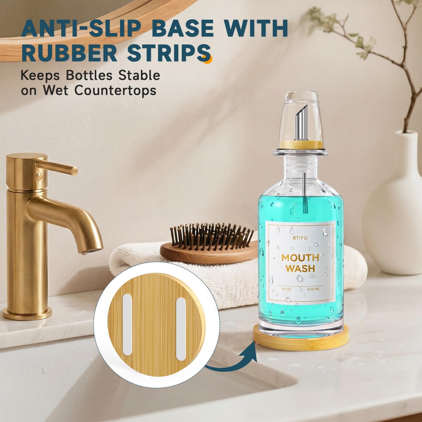 Glass Mouthwash Dispenser for Bathroom – 410ml Refillable Mouthwash Container with 2 Glass Cups & Bamboo Tray, Countertop Mouth Wash Dispensers