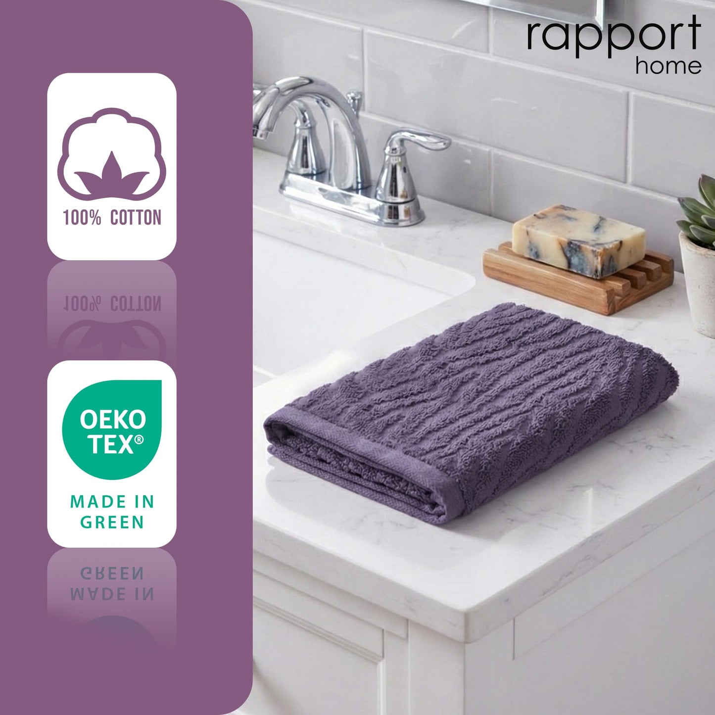 Rapport Home 2-Pack Safari Hand Towels | Damson | 50x85cm 100% Cotton 500GSM | Absorbent & Soft Bathroom Towel Set | Oeko-Tex Certified