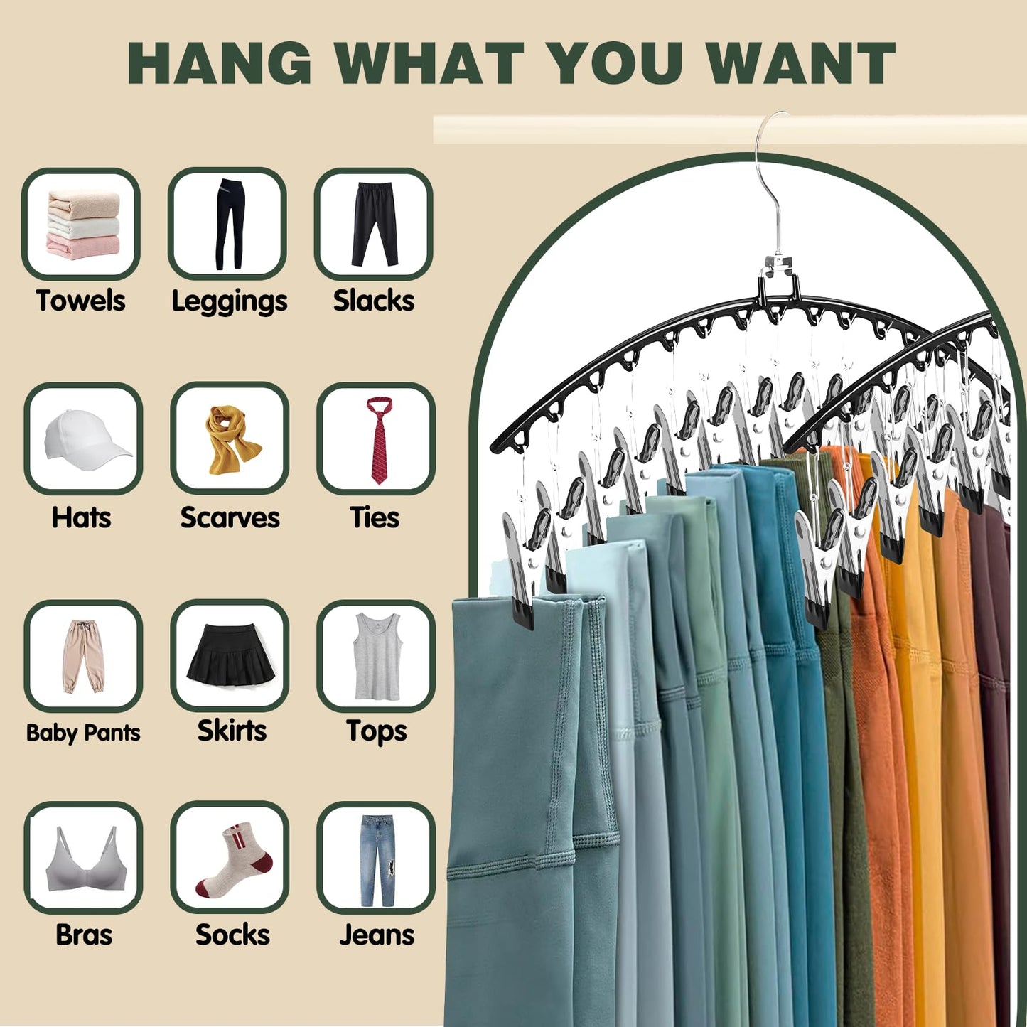 2 PCS Trouser Hangers with 15 Clips, 360° Swivel Hook Hanging Pants Hangers, Space Saving Closet Organizer and Storage for Leggings, Shorts, Skirts