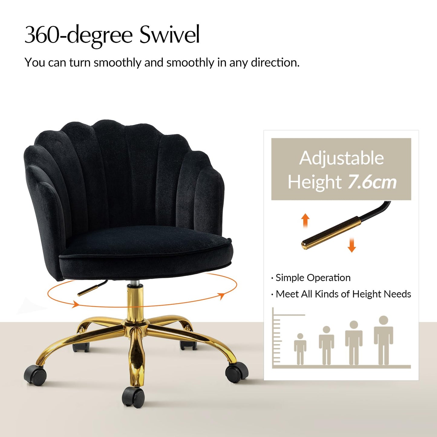 HULALA HOME Swivel Desk Chair with Gold Base and Scalloped Backrest, Black