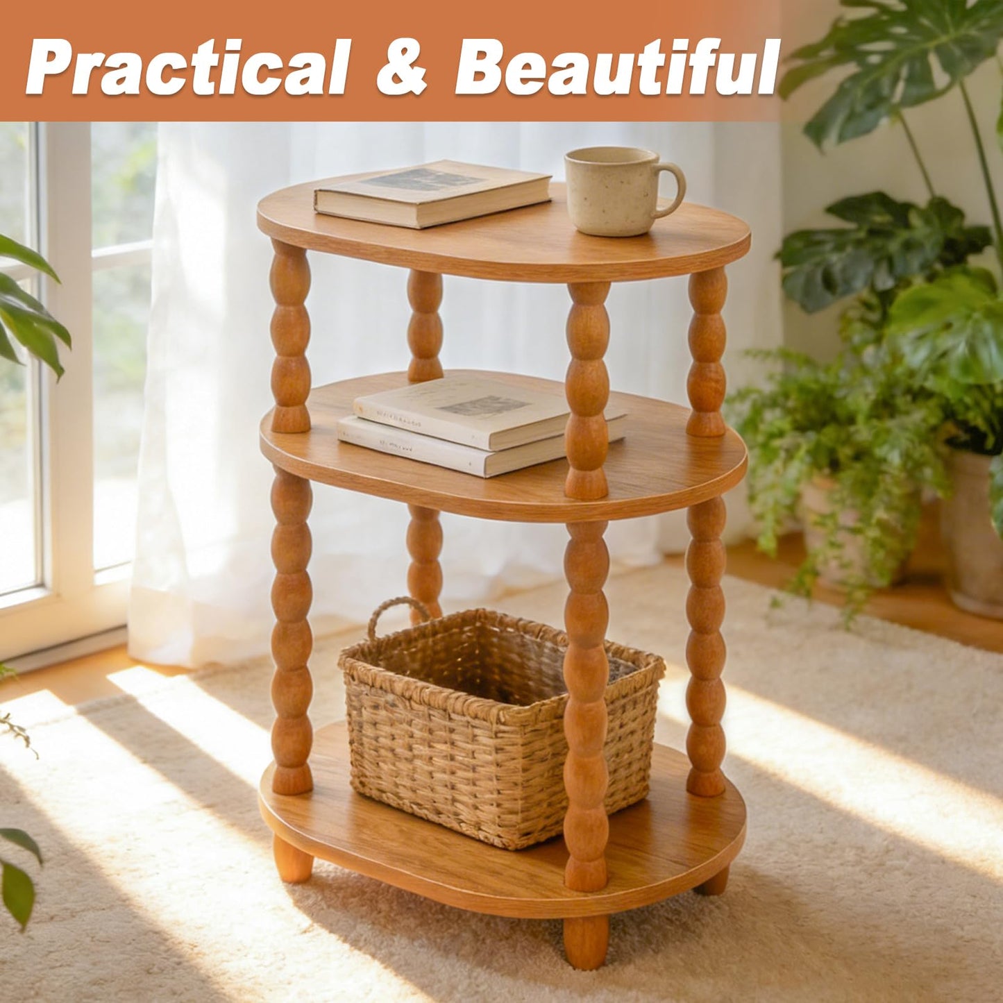 Wooden Side Table,3-Tier Small End Table with Storage Shelf, Vintage Retro furniture Bedside Coffee oval Table Night Stand for Living Room, Bedroom
