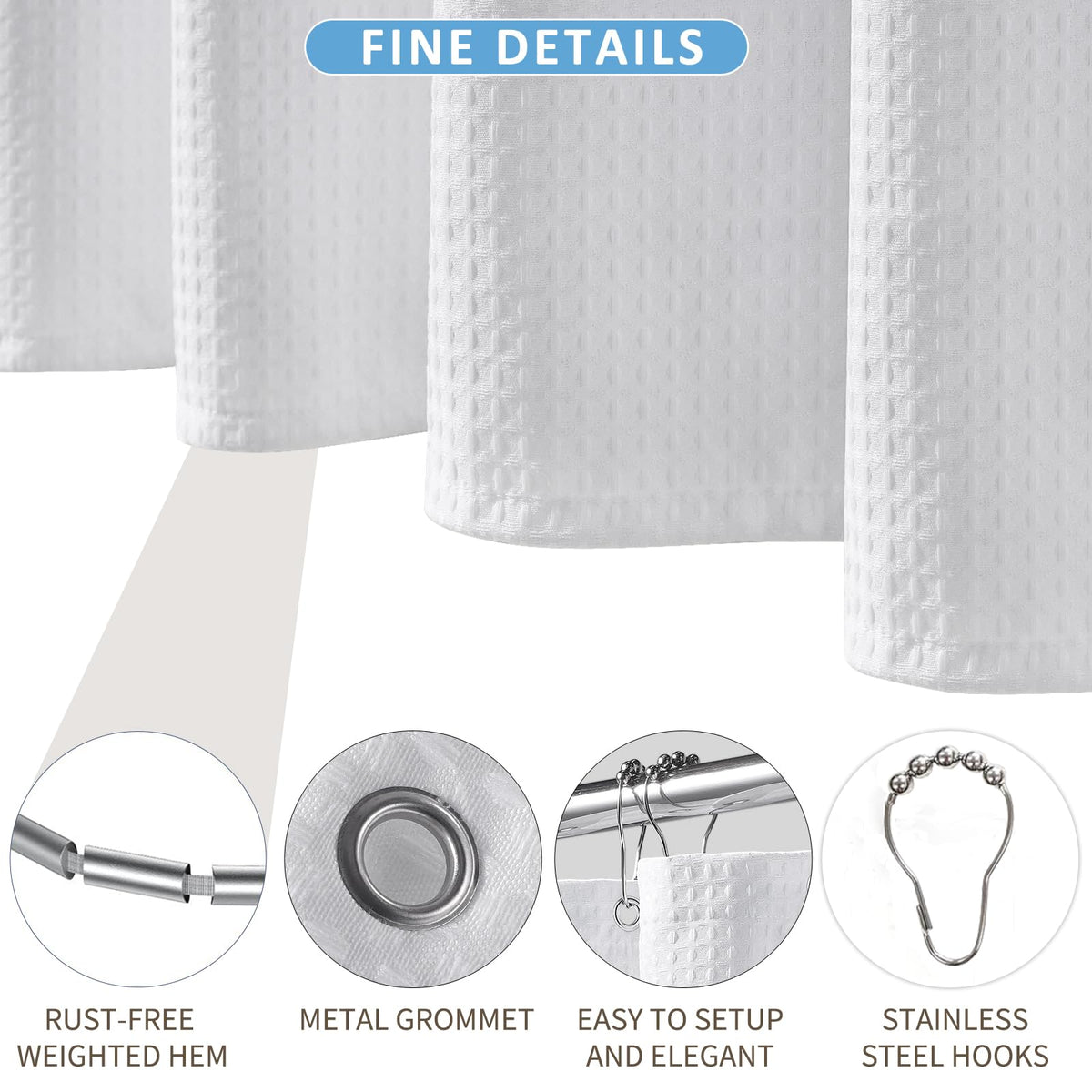 FY&XZH Heavy-Duty Waffle Weave Shower Curtain with Stainless Steel Hooks, Thick Fabric for Bathroom, Hotel, Spa & Salon-183 x 214cm White