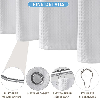 FY&XZH Heavy-Duty Waffle Weave Shower Curtain with Stainless Steel Hooks, Thick Fabric for Bathroom, Hotel, Spa & Salon-183 x 214cm White